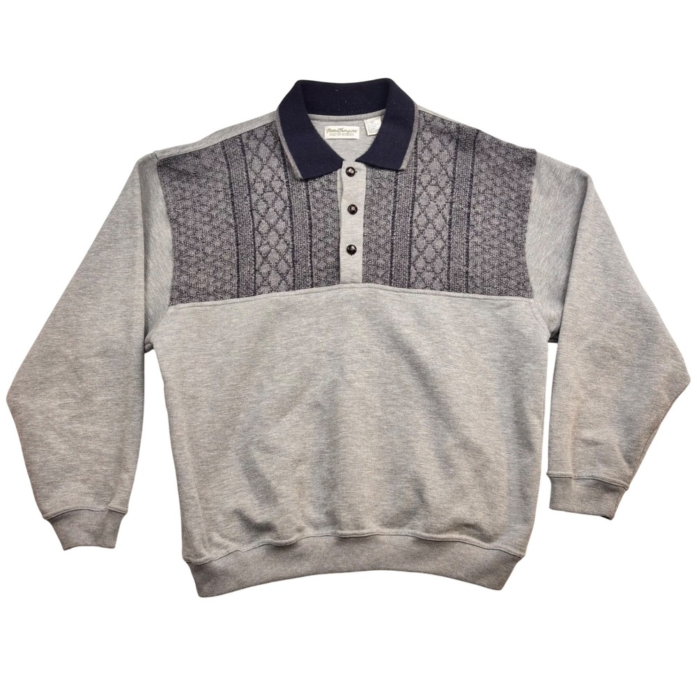 Norm Thompson Mens XL Gray Cable Knit Textured Polo Sweatshirt Long Sleeve Navy